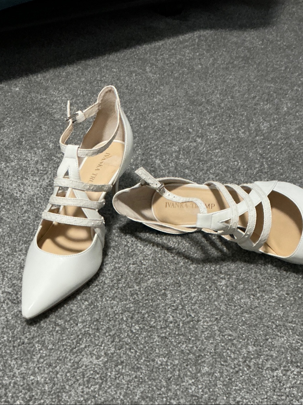Ivanka Trump White Strappy Pointed-Toe Flats with Ankle Buckle